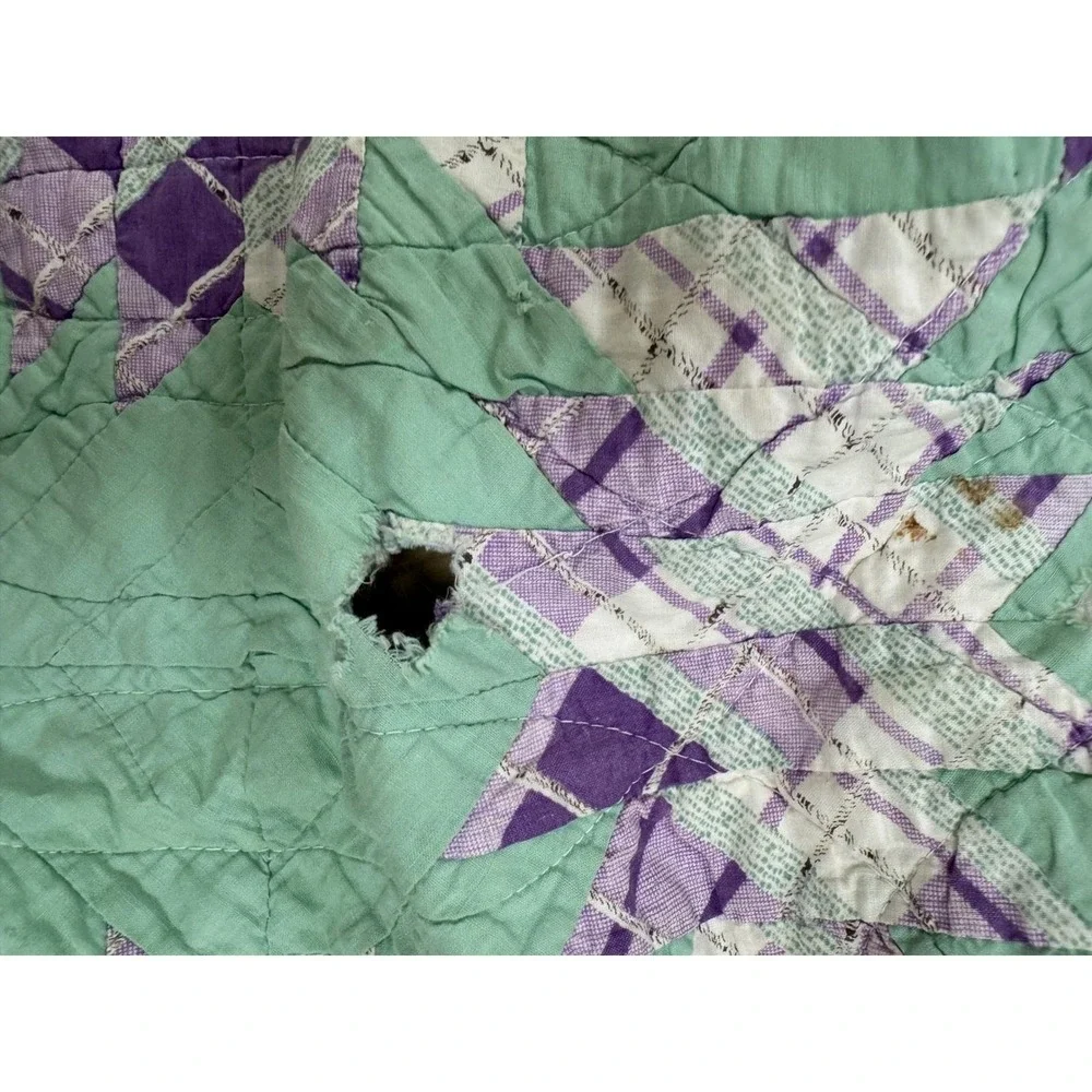 Vintage Hand Quilted Quilt Cutter Salvage Textile Feedsack Era Green Purple